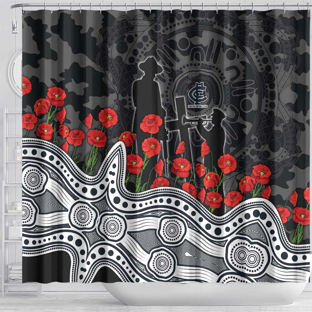 Carlton Blues ANZAC Day Shower Curtain Indigenous Dot Art with Poppy Flower Tribute