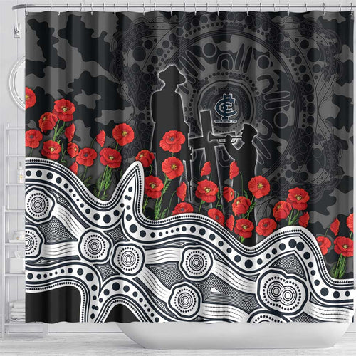 Carlton Blues ANZAC Day Shower Curtain Indigenous Dot Art with Poppy Flower Tribute