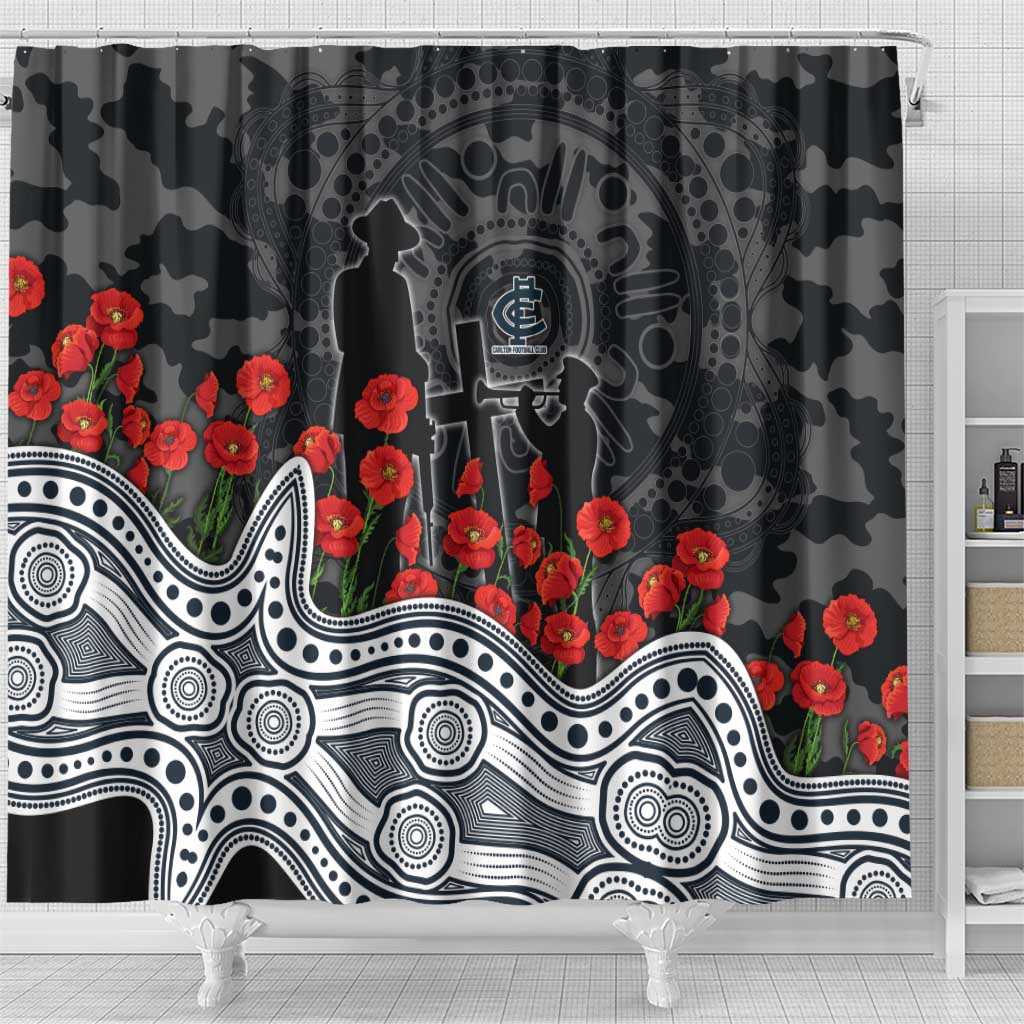 Carlton Blues ANZAC Day Shower Curtain Indigenous Dot Art with Poppy Flower Tribute