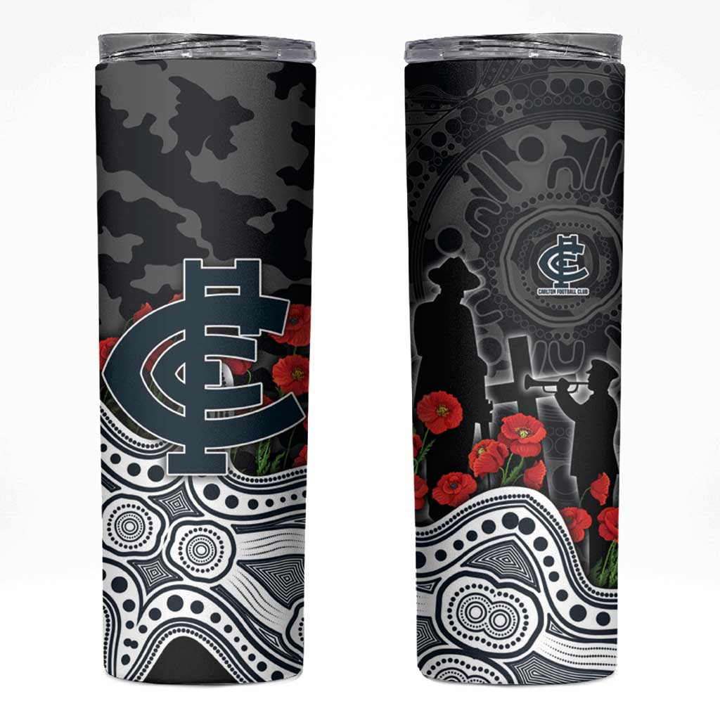 Carlton Blues ANZAC Day Skinny Tumbler Indigenous Dot Art with Poppy Flower Tribute