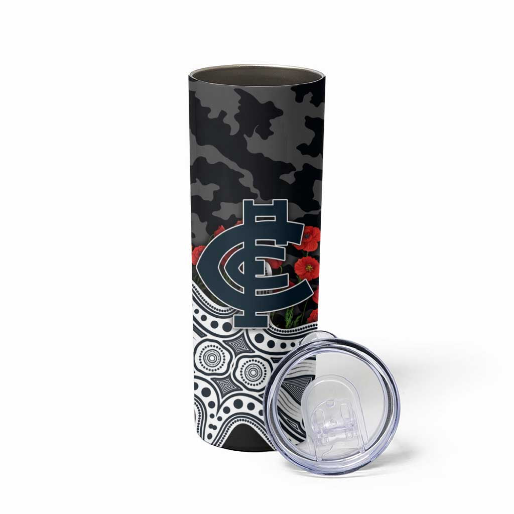 Carlton Blues ANZAC Day Skinny Tumbler Indigenous Dot Art with Poppy Flower Tribute