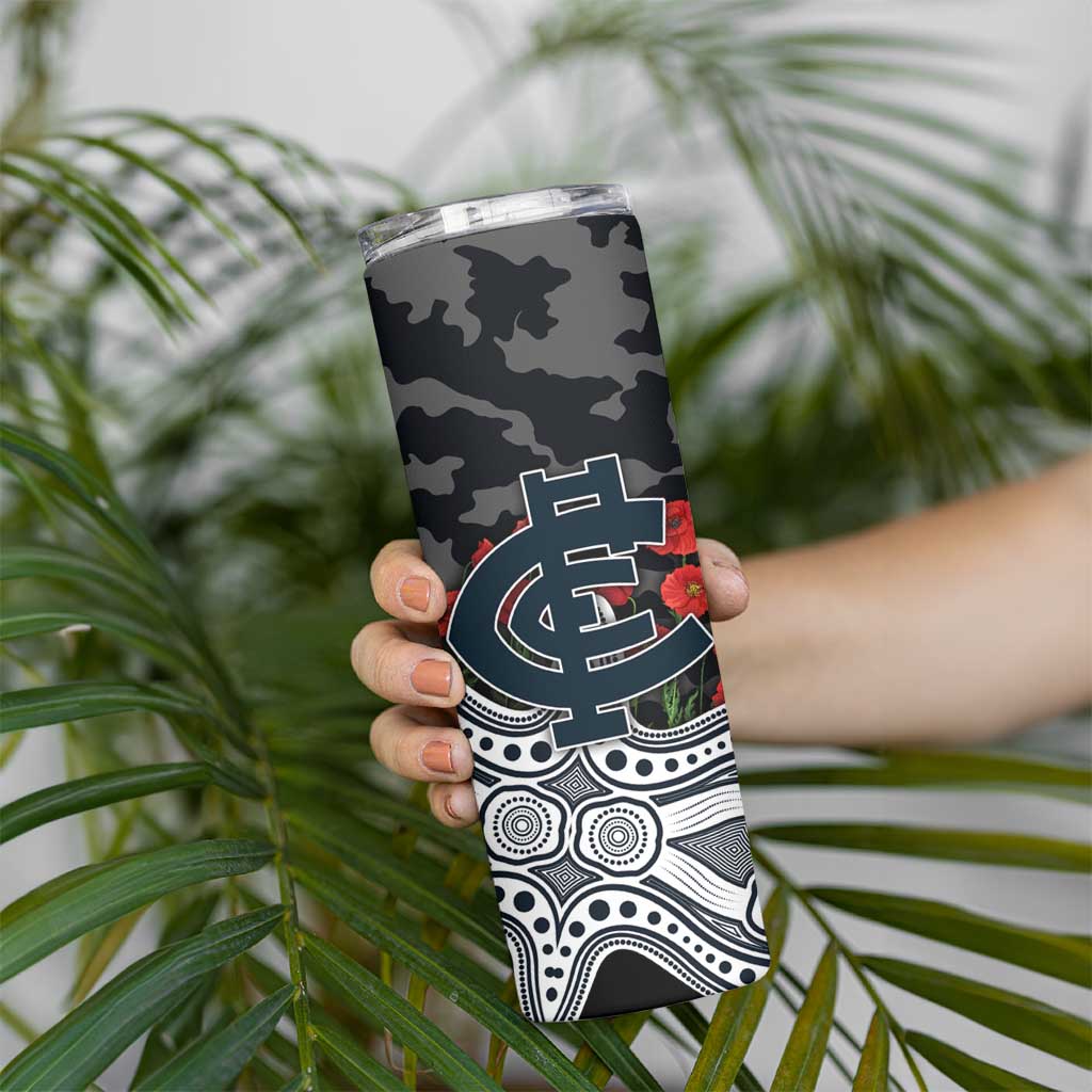 Carlton Blues ANZAC Day Skinny Tumbler Indigenous Dot Art with Poppy Flower Tribute