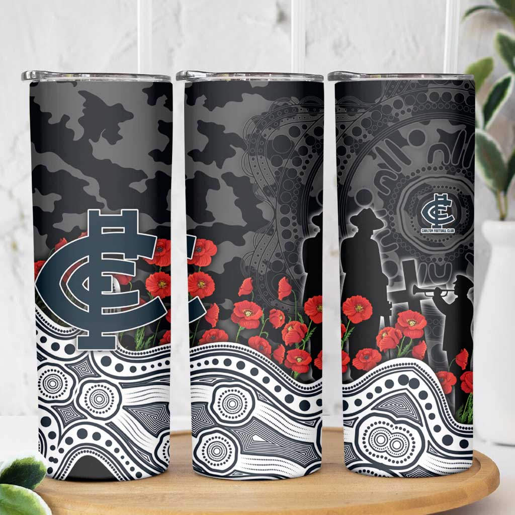 Carlton Blues ANZAC Day Skinny Tumbler Indigenous Dot Art with Poppy Flower Tribute