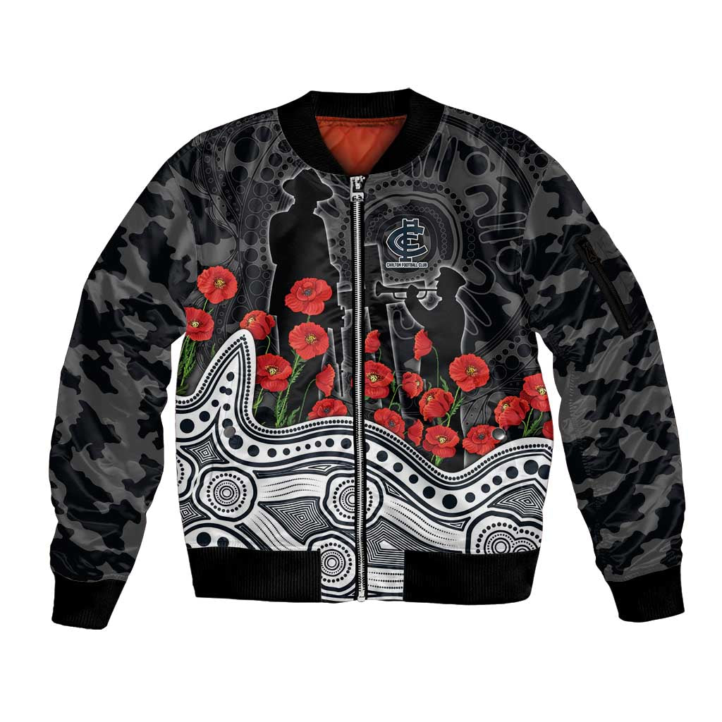 Carlton Blues ANZAC Day Sleeve Zip Bomber Jacket Indigenous Dot Art with Poppy Flower Tribute