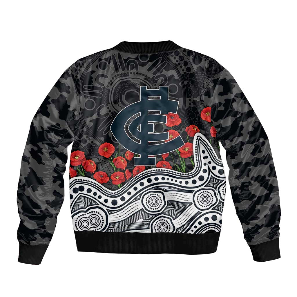 Carlton Blues ANZAC Day Sleeve Zip Bomber Jacket Indigenous Dot Art with Poppy Flower Tribute