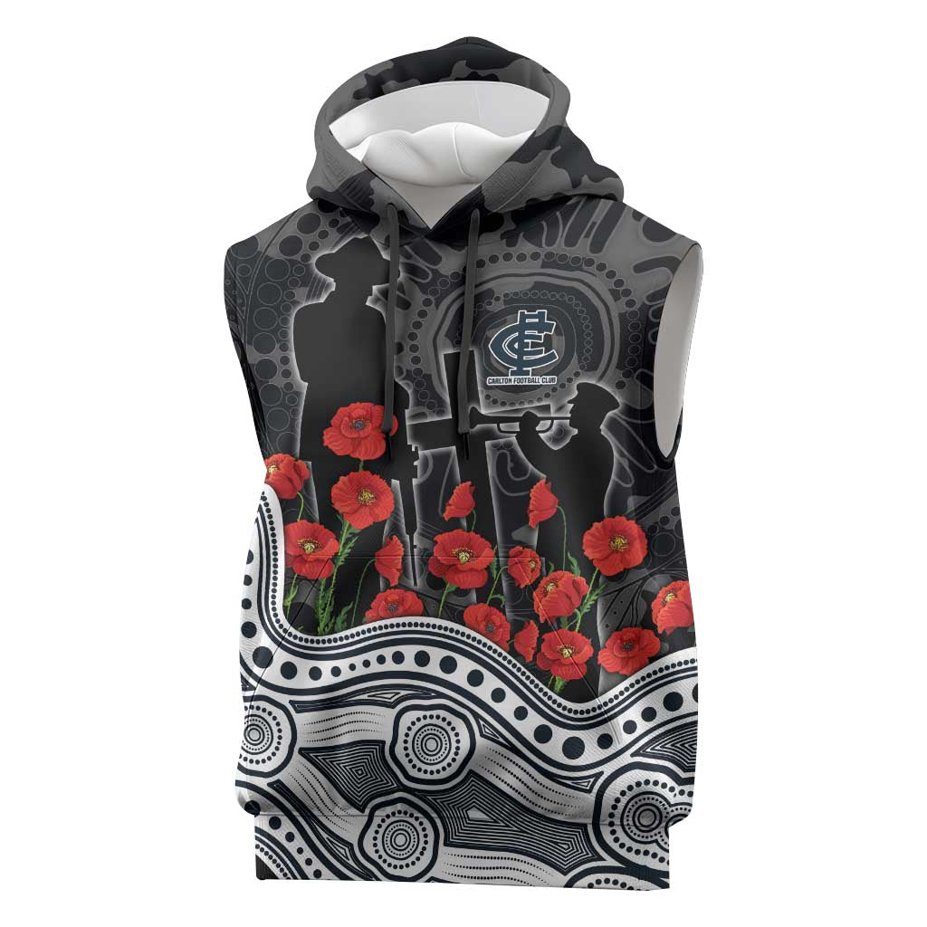 Carlton Blues ANZAC Day Sleeveless Hoodie Indigenous Dot Art with Poppy Flower Tribute