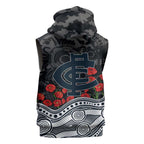 Carlton Blues ANZAC Day Sleeveless Hoodie Indigenous Dot Art with Poppy Flower Tribute