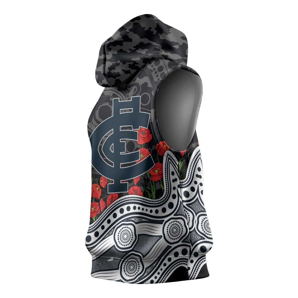 Carlton Blues ANZAC Day Sleeveless Hoodie Indigenous Dot Art with Poppy Flower Tribute