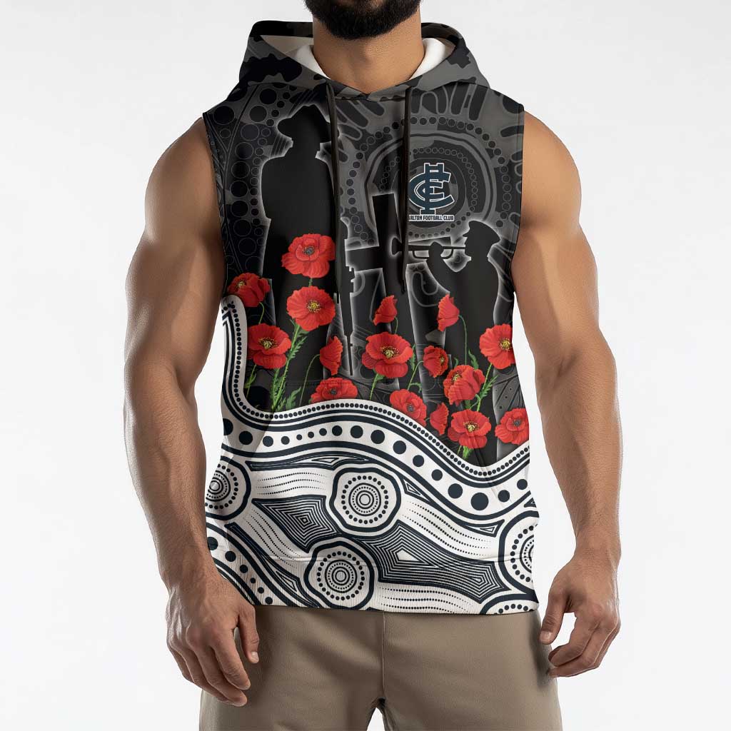 Carlton Blues ANZAC Day Sleeveless Hoodie Indigenous Dot Art with Poppy Flower Tribute