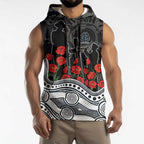Carlton Blues ANZAC Day Sleeveless Hoodie Indigenous Dot Art with Poppy Flower Tribute
