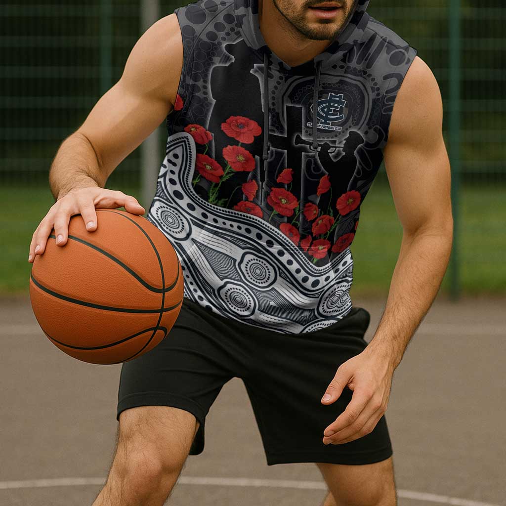 Carlton Blues ANZAC Day Sleeveless Hoodie Indigenous Dot Art with Poppy Flower Tribute