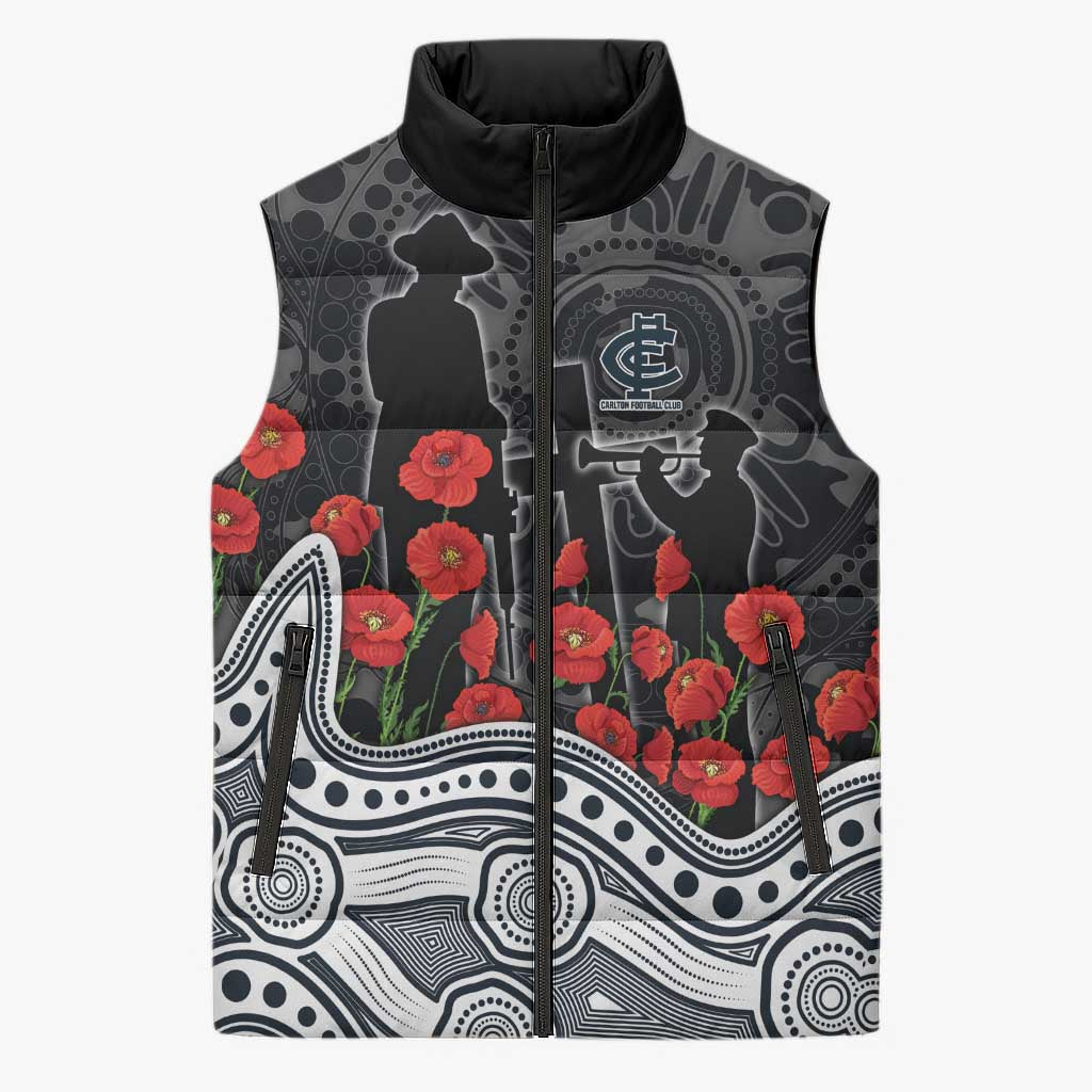 Carlton Blues ANZAC Day Sleeveless Puffer Jacket Indigenous Dot Art with Poppy Flower Tribute