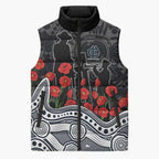 Carlton Blues ANZAC Day Sleeveless Puffer Jacket Indigenous Dot Art with Poppy Flower Tribute