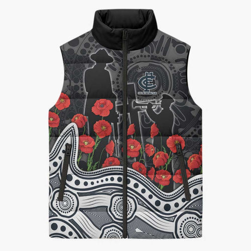 Carlton Blues ANZAC Day Sleeveless Puffer Jacket Indigenous Dot Art with Poppy Flower Tribute