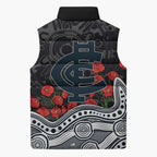 Carlton Blues ANZAC Day Sleeveless Puffer Jacket Indigenous Dot Art with Poppy Flower Tribute