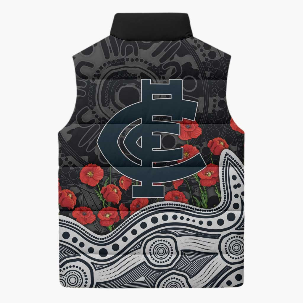 Carlton Blues ANZAC Day Sleeveless Puffer Jacket Indigenous Dot Art with Poppy Flower Tribute