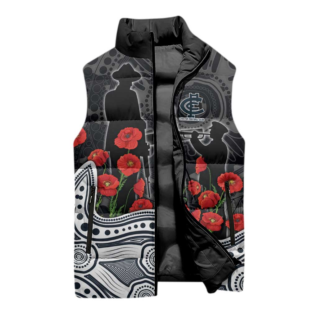 Carlton Blues ANZAC Day Sleeveless Puffer Jacket Indigenous Dot Art with Poppy Flower Tribute