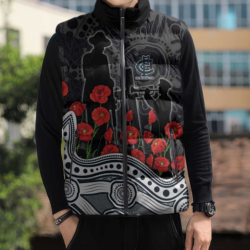 Carlton Blues ANZAC Day Sleeveless Puffer Jacket Indigenous Dot Art with Poppy Flower Tribute