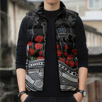 Carlton Blues ANZAC Day Sleeveless Puffer Jacket Indigenous Dot Art with Poppy Flower Tribute