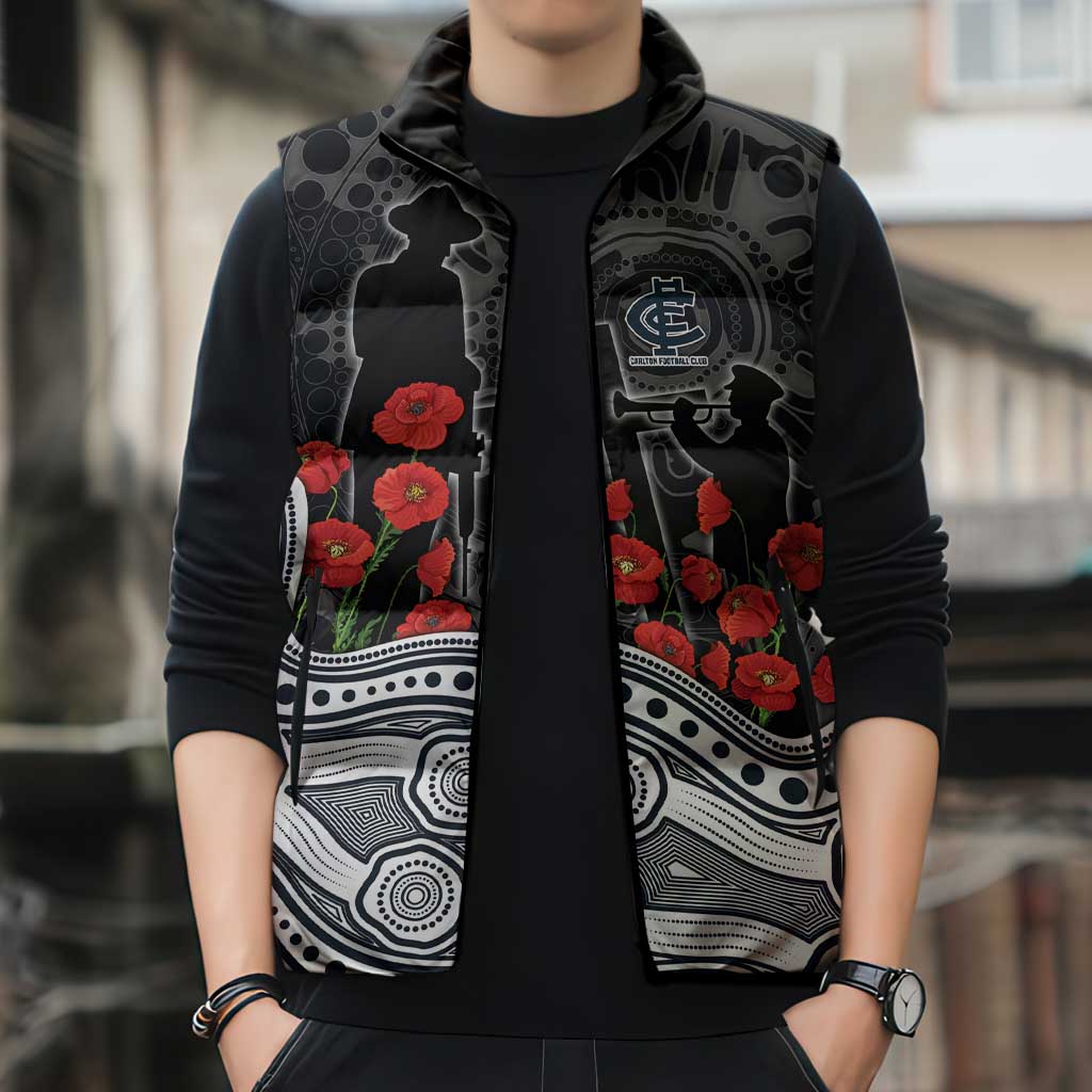 Carlton Blues ANZAC Day Sleeveless Puffer Jacket Indigenous Dot Art with Poppy Flower Tribute