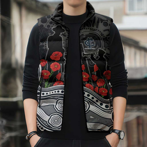 Carlton Blues ANZAC Day Sleeveless Puffer Jacket Indigenous Dot Art with Poppy Flower Tribute