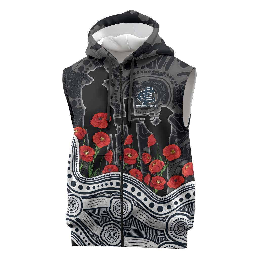 Carlton Blues ANZAC Day Sleeveless Zip Hoodie Indigenous Dot Art with Poppy Flower Tribute
