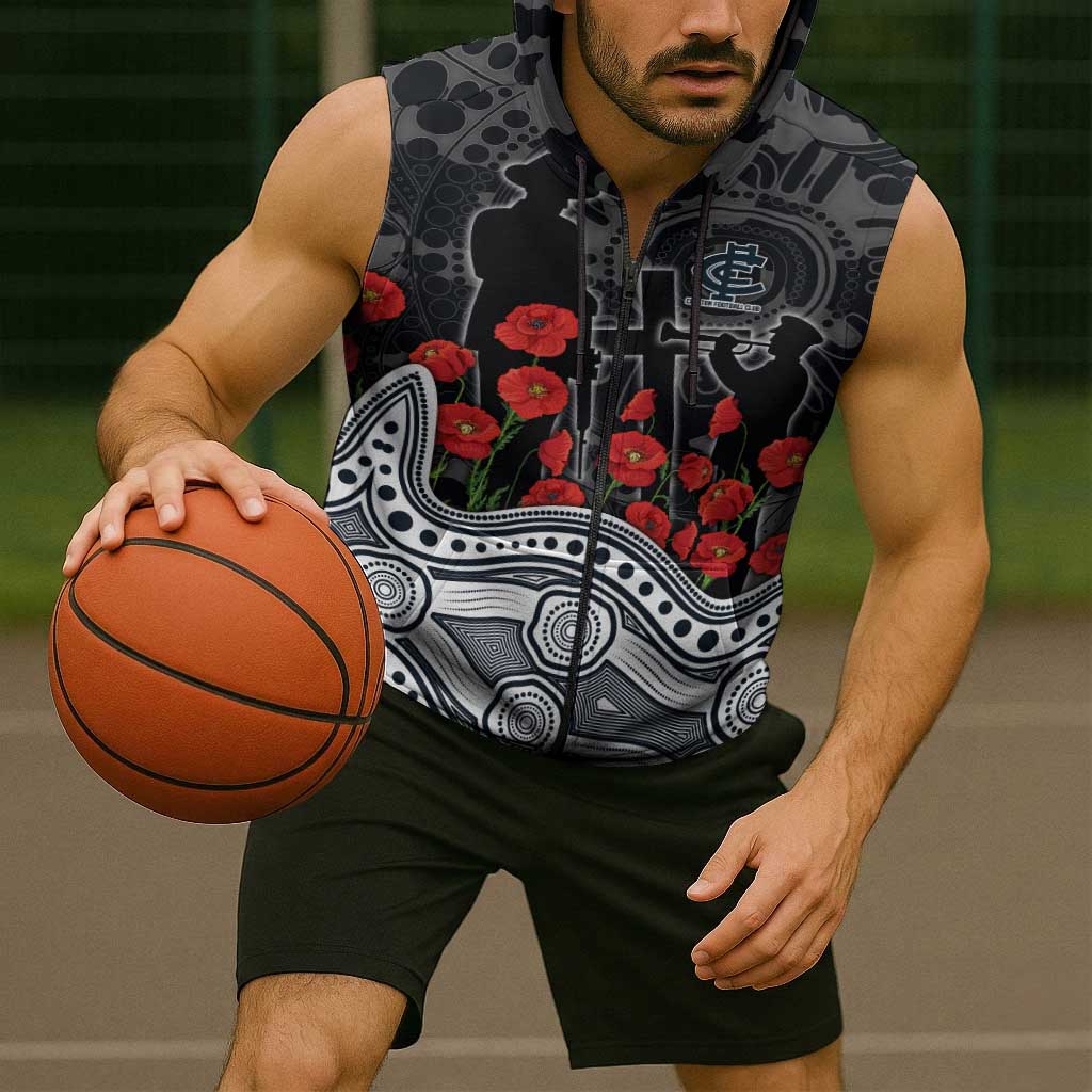 Carlton Blues ANZAC Day Sleeveless Zip Hoodie Indigenous Dot Art with Poppy Flower Tribute
