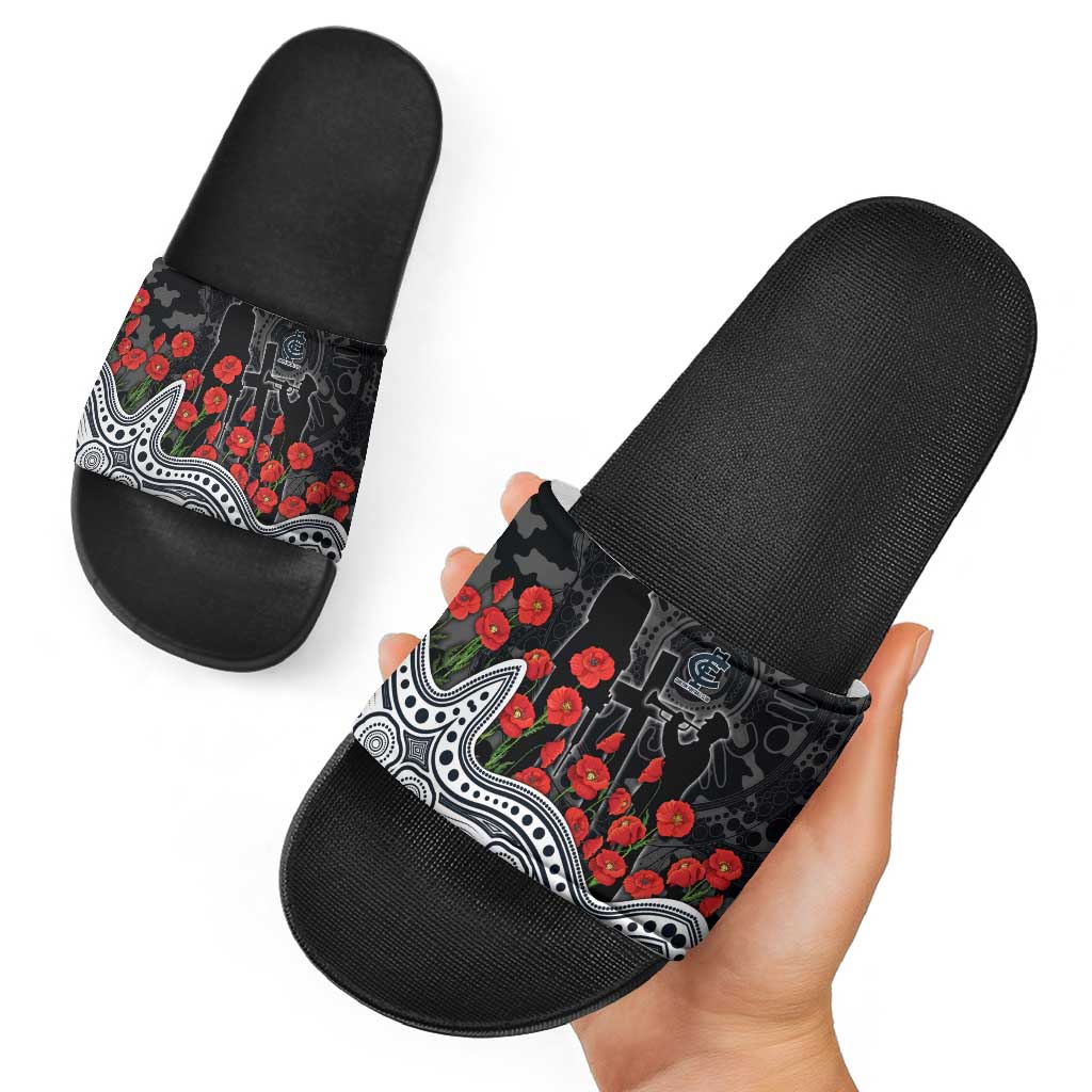 Carlton Blues ANZAC Day Slide Sandals Indigenous Dot Art with Poppy Flower Tribute