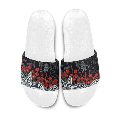 Carlton Blues ANZAC Day Slide Sandals Indigenous Dot Art with Poppy Flower Tribute