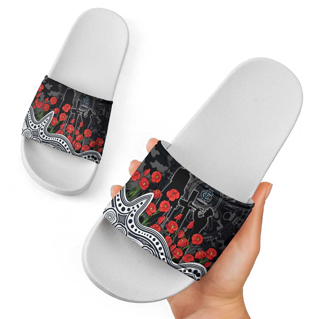 Carlton Blues ANZAC Day Slide Sandals Indigenous Dot Art with Poppy Flower Tribute