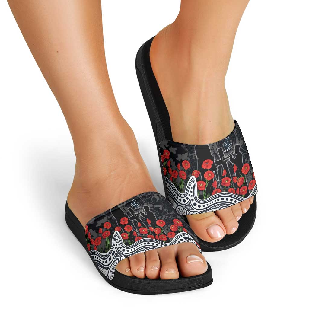 Carlton Blues ANZAC Day Slide Sandals Indigenous Dot Art with Poppy Flower Tribute