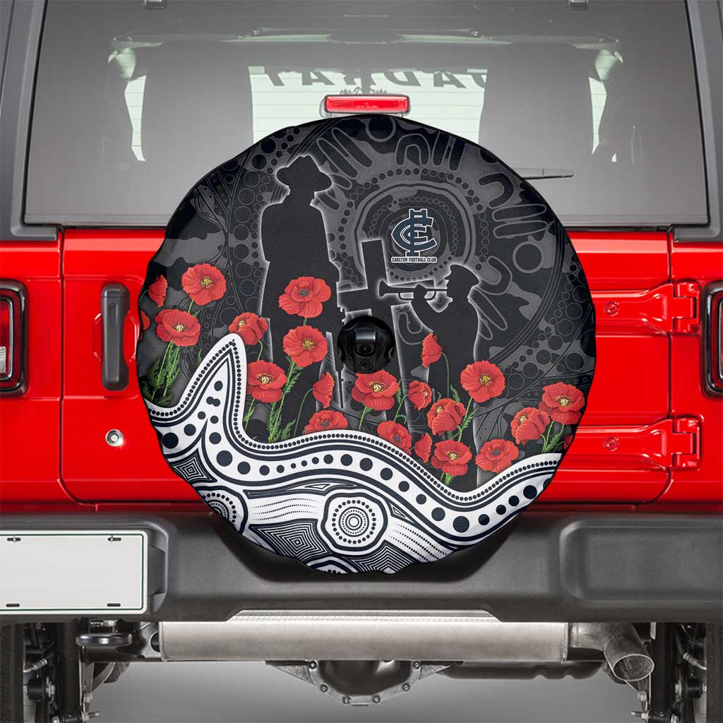 Carlton Blues ANZAC Day Spare Tire Cover Indigenous Dot Art with Poppy Flower Tribute