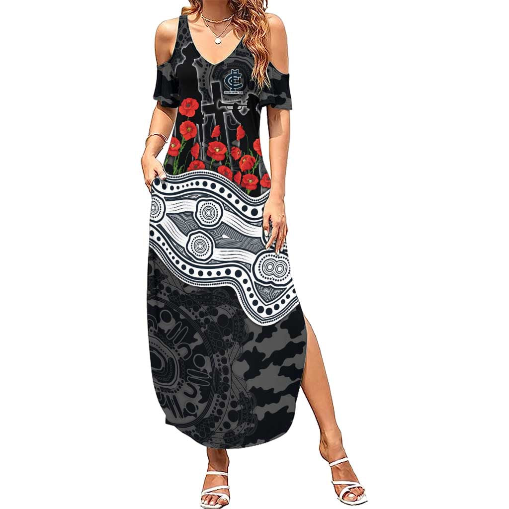 Carlton Blues ANZAC Day Summer Maxi Dress Indigenous Dot Art with Poppy Flower Tribute