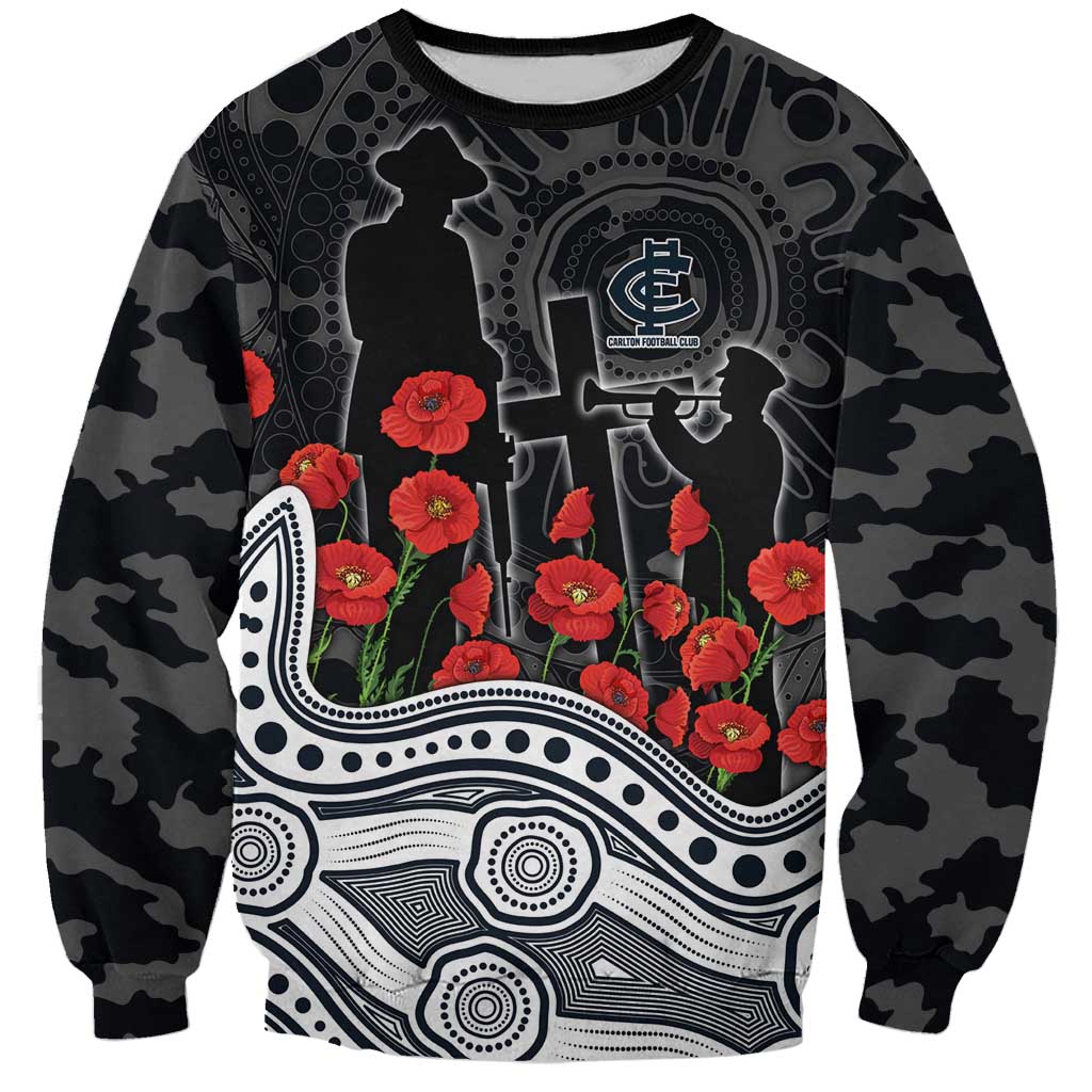 Carlton Blues ANZAC Day Sweatshirt Indigenous Dot Art with Poppy Flower Tribute