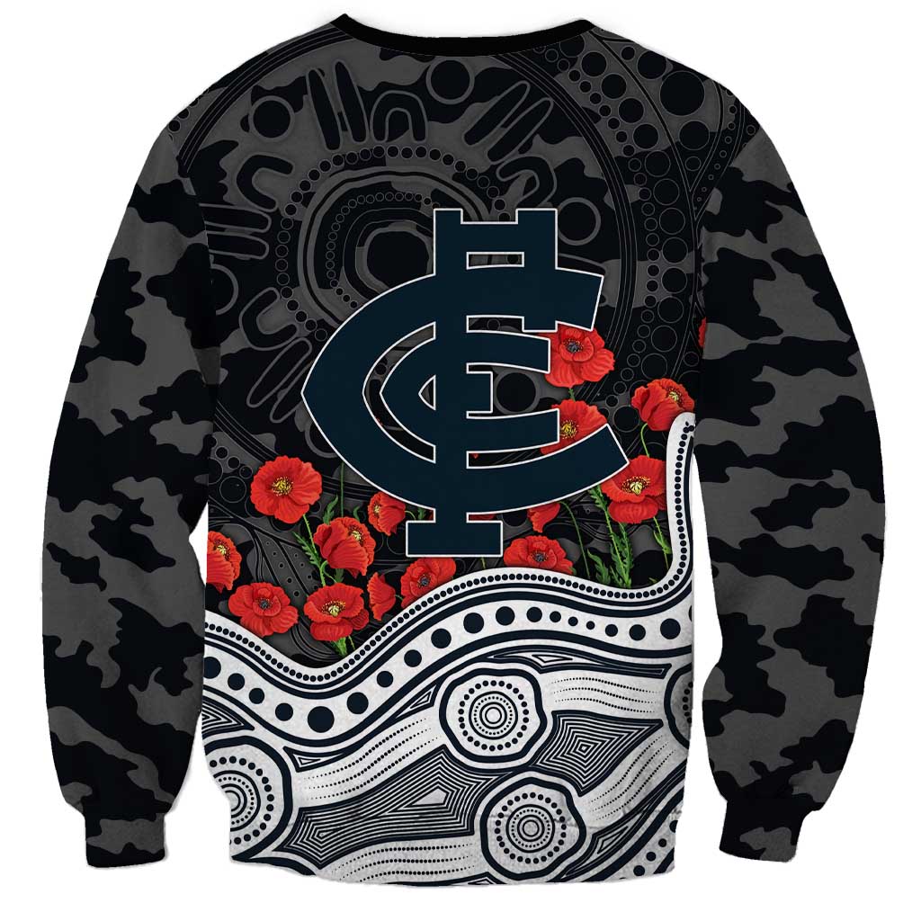 Carlton Blues ANZAC Day Sweatshirt Indigenous Dot Art with Poppy Flower Tribute