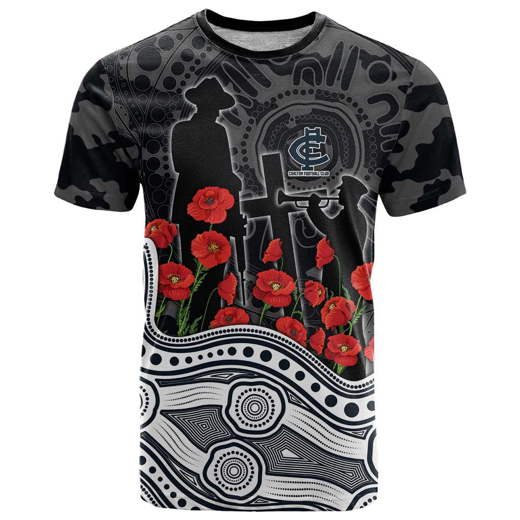 Carlton Blues ANZAC Day T Shirt Indigenous Dot Art with Poppy Flower Tribute