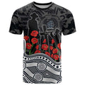 Carlton Blues ANZAC Day T Shirt Indigenous Dot Art with Poppy Flower Tribute