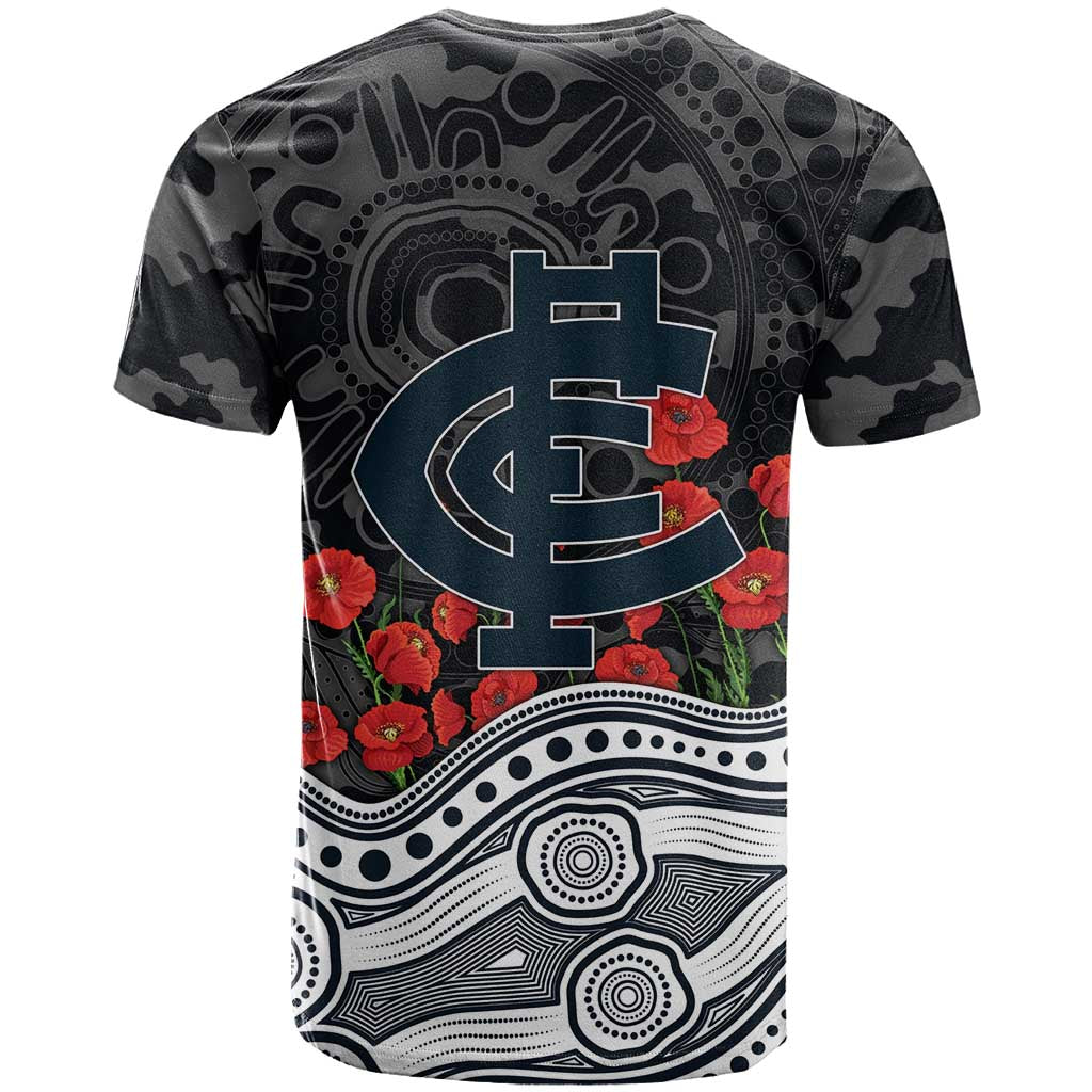 Carlton Blues ANZAC Day T Shirt Indigenous Dot Art with Poppy Flower Tribute