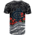 Carlton Blues ANZAC Day T Shirt Indigenous Dot Art with Poppy Flower Tribute