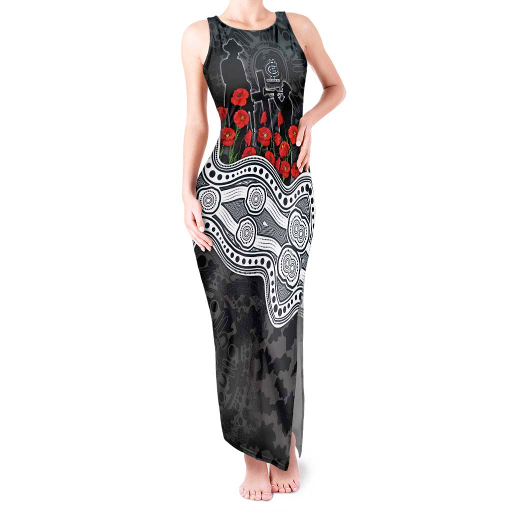 Carlton Blues ANZAC Day Tank Maxi Dress Indigenous Dot Art with Poppy Flower Tribute