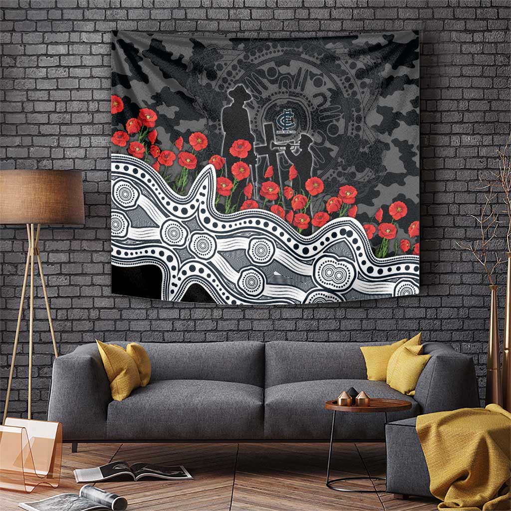 Carlton Blues ANZAC Day Tapestry Indigenous Dot Art with Poppy Flower Tribute