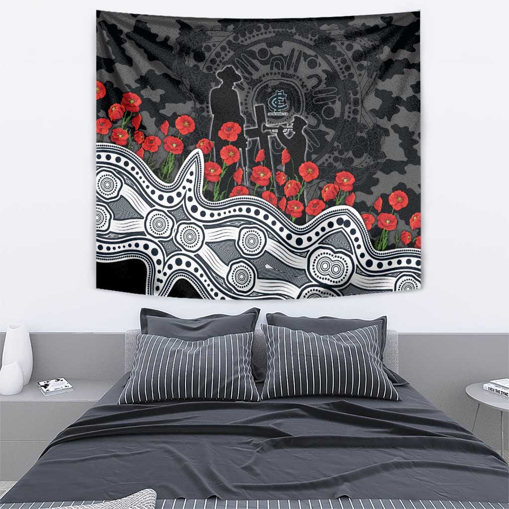 Carlton Blues ANZAC Day Tapestry Indigenous Dot Art with Poppy Flower Tribute