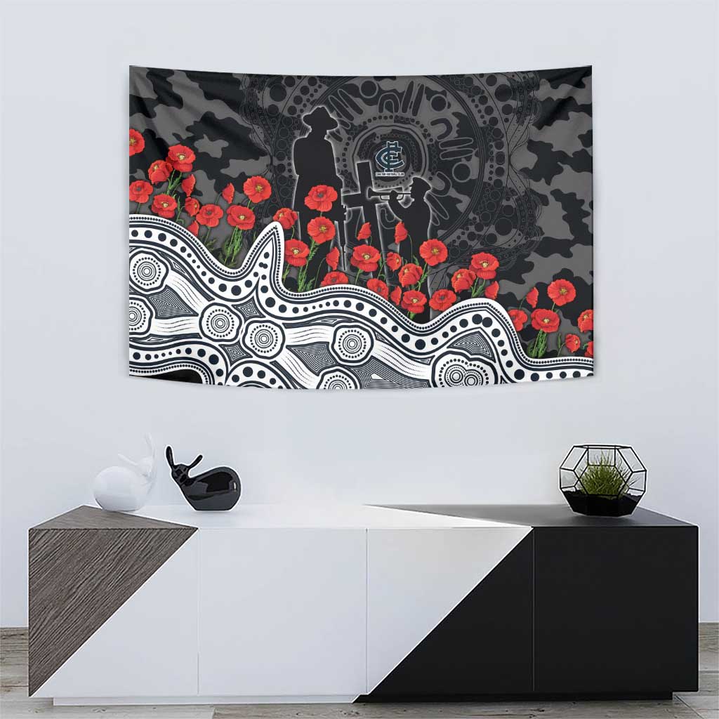 Carlton Blues ANZAC Day Tapestry Indigenous Dot Art with Poppy Flower Tribute