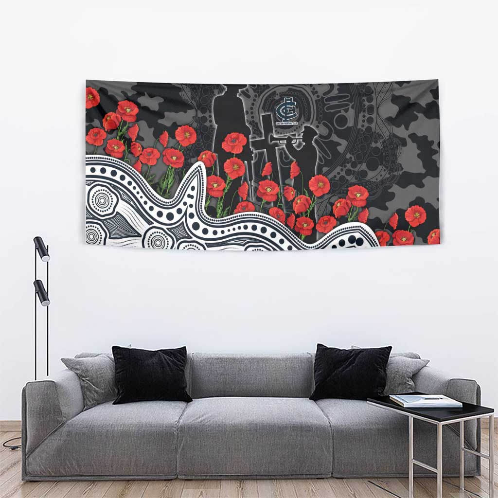 Carlton Blues ANZAC Day Tapestry Indigenous Dot Art with Poppy Flower Tribute
