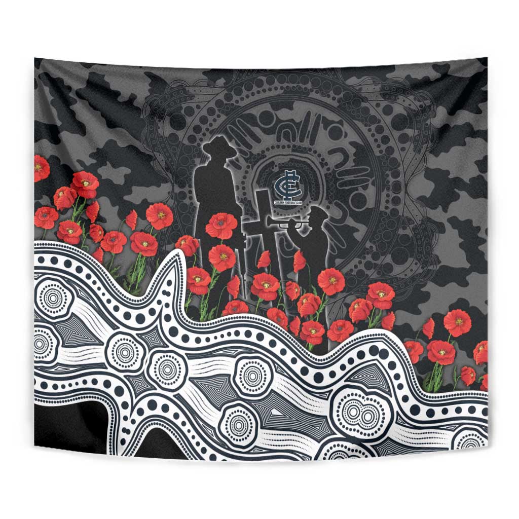 Carlton Blues ANZAC Day Tapestry Indigenous Dot Art with Poppy Flower Tribute