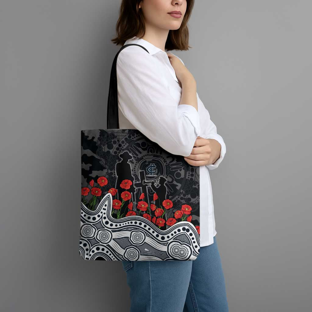 Carlton Blues ANZAC Day Tote Bag Indigenous Dot Art with Poppy Flower Tribute