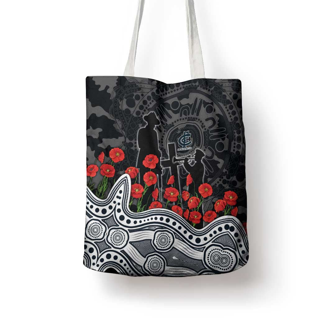 Carlton Blues ANZAC Day Tote Bag Indigenous Dot Art with Poppy Flower Tribute
