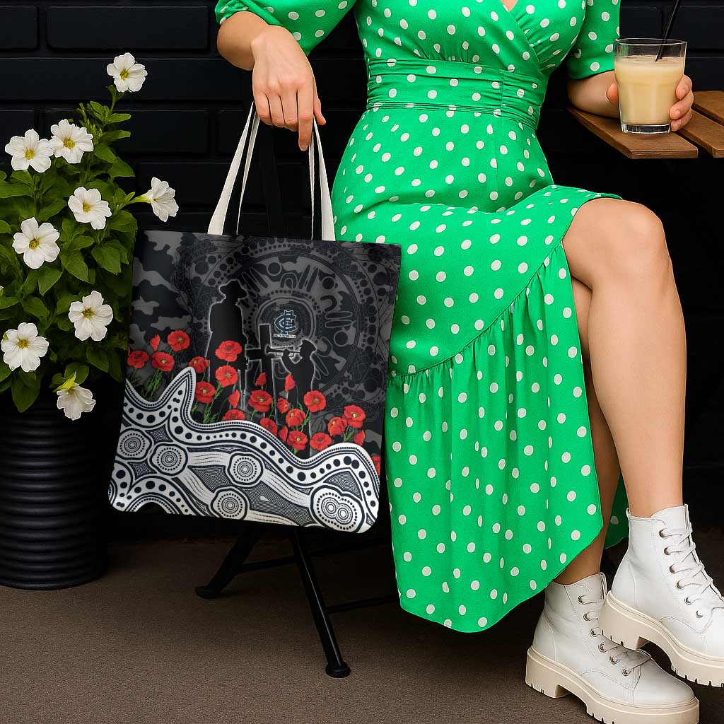 Carlton Blues ANZAC Day Tote Bag Indigenous Dot Art with Poppy Flower Tribute