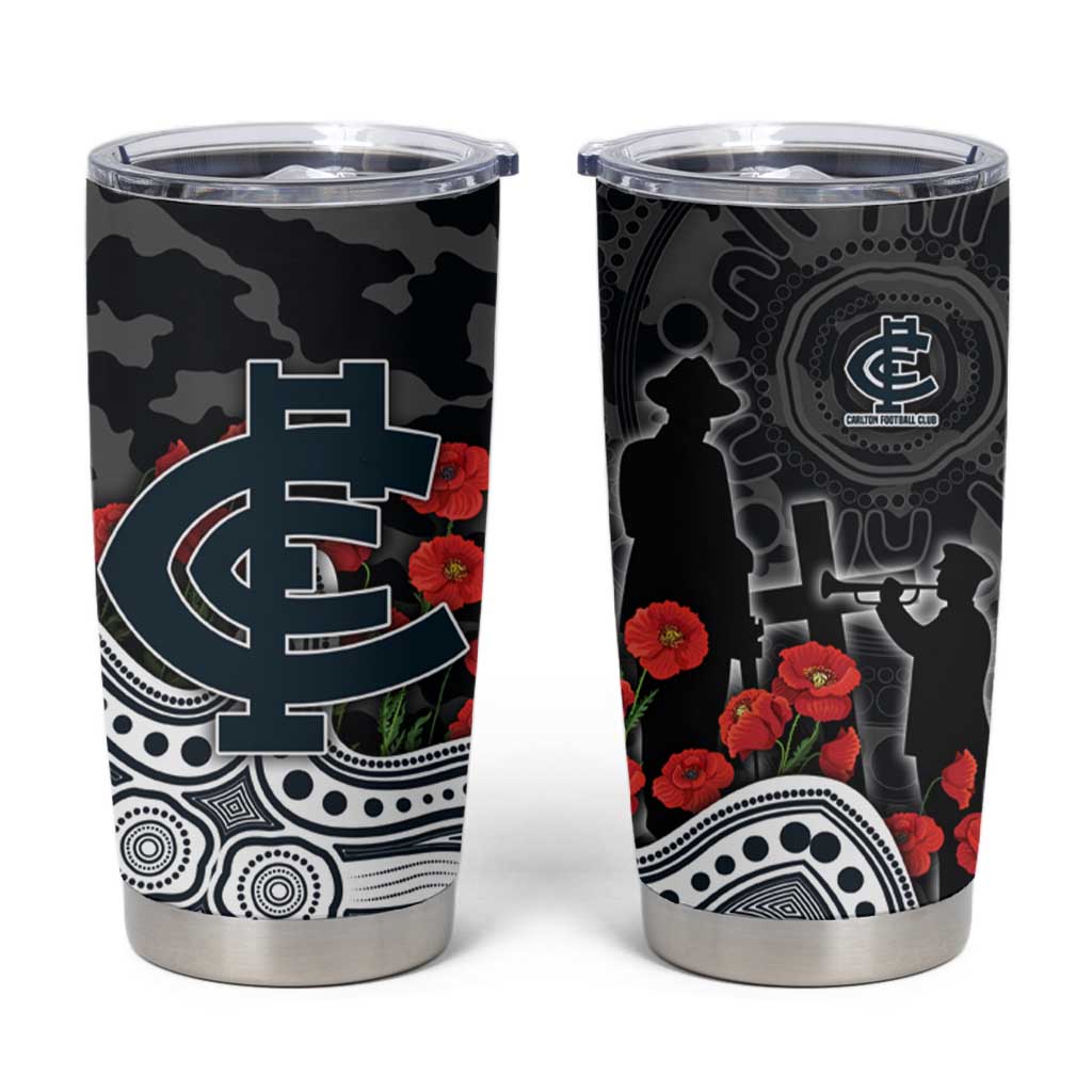 Carlton Blues ANZAC Day Tumbler Cup Indigenous Dot Art with Poppy Flower Tribute