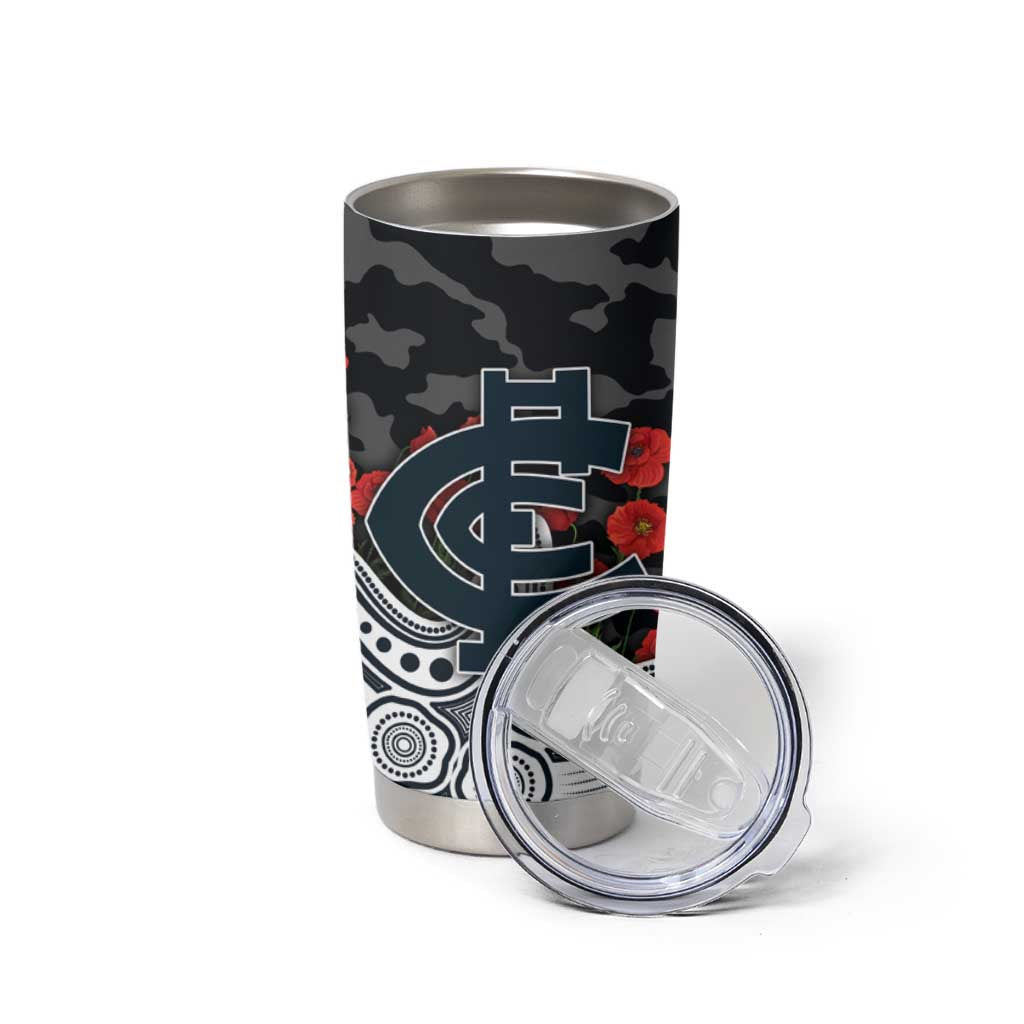 Carlton Blues ANZAC Day Tumbler Cup Indigenous Dot Art with Poppy Flower Tribute